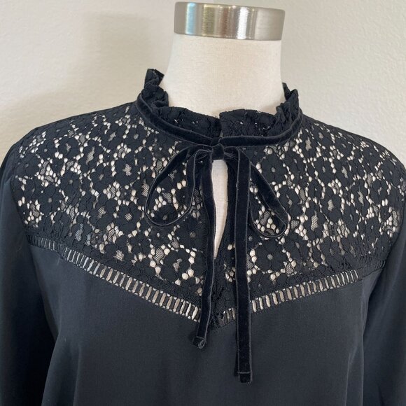 Ann Taylor Womens Large Tall Black Lace Yoke Long Sleeve Blouse Front Neck Tie - Picture 2 of 12